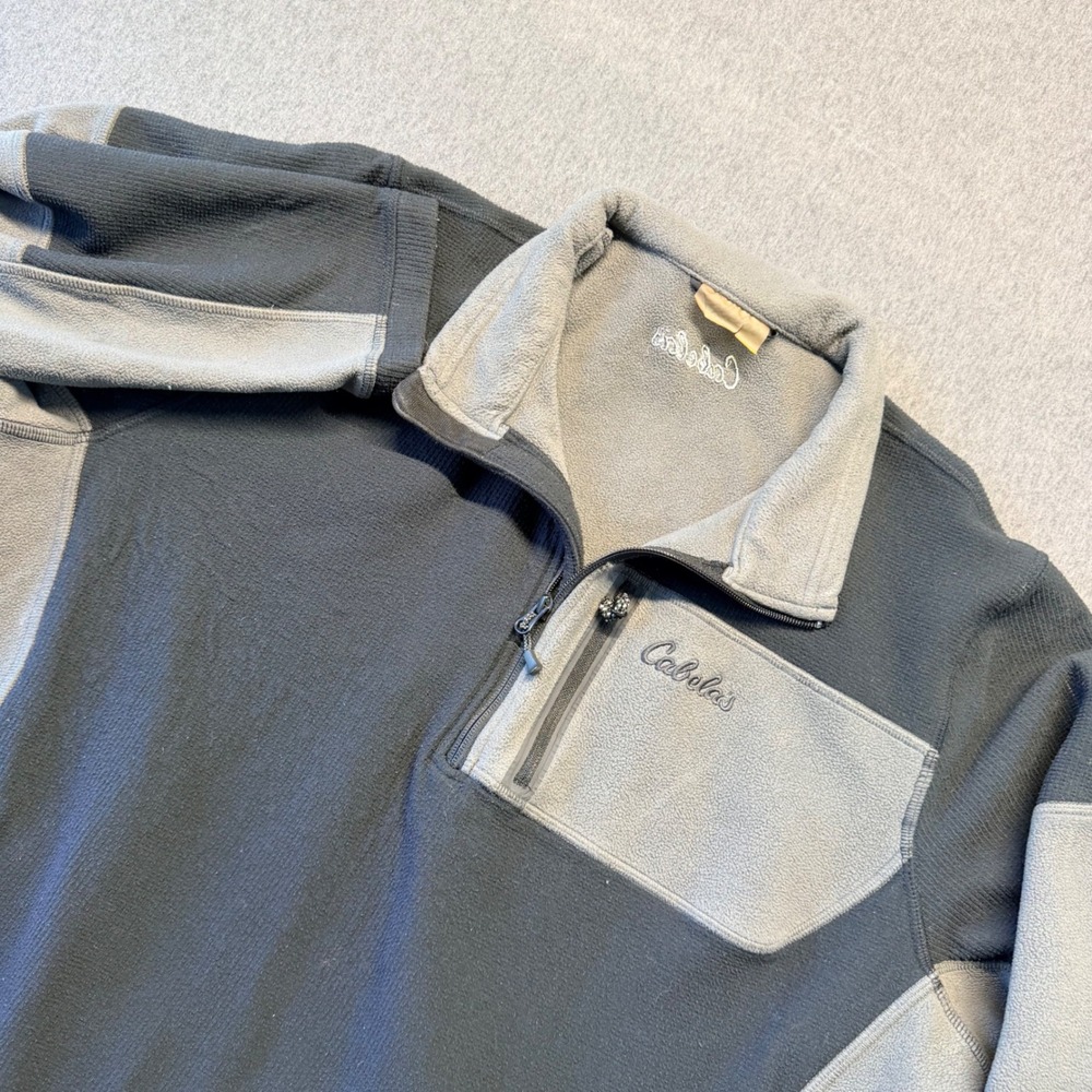 Cabelas Mens Quarter Zip Fleece Pullover Grey Waffle Knit Outdoor Sweater XL